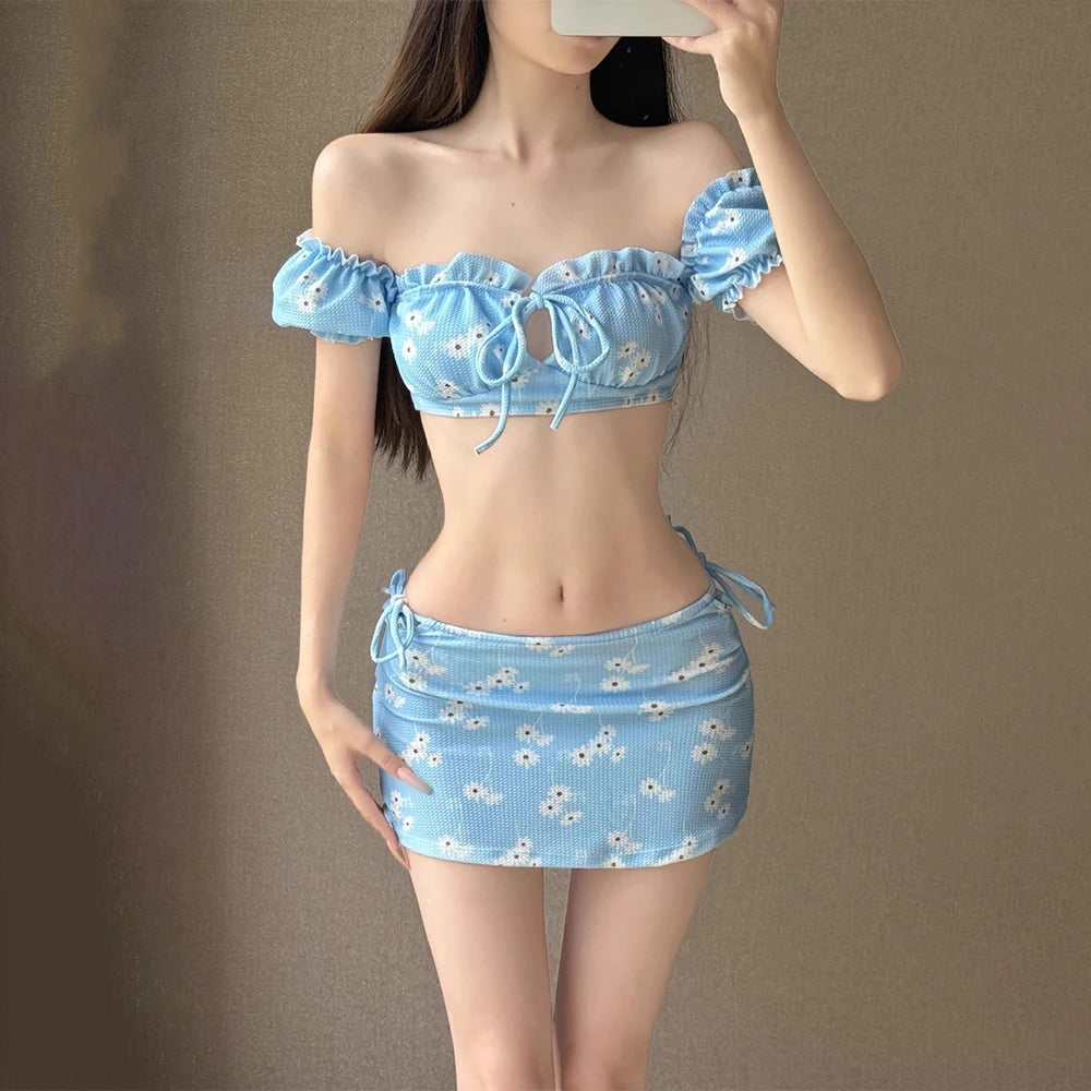 3Pcs Girl's Bikini Set New Daisy Print Off Shoulder with Wrap Skirt Swimwear for Women Beach Vacation Photoshoot Pool Party