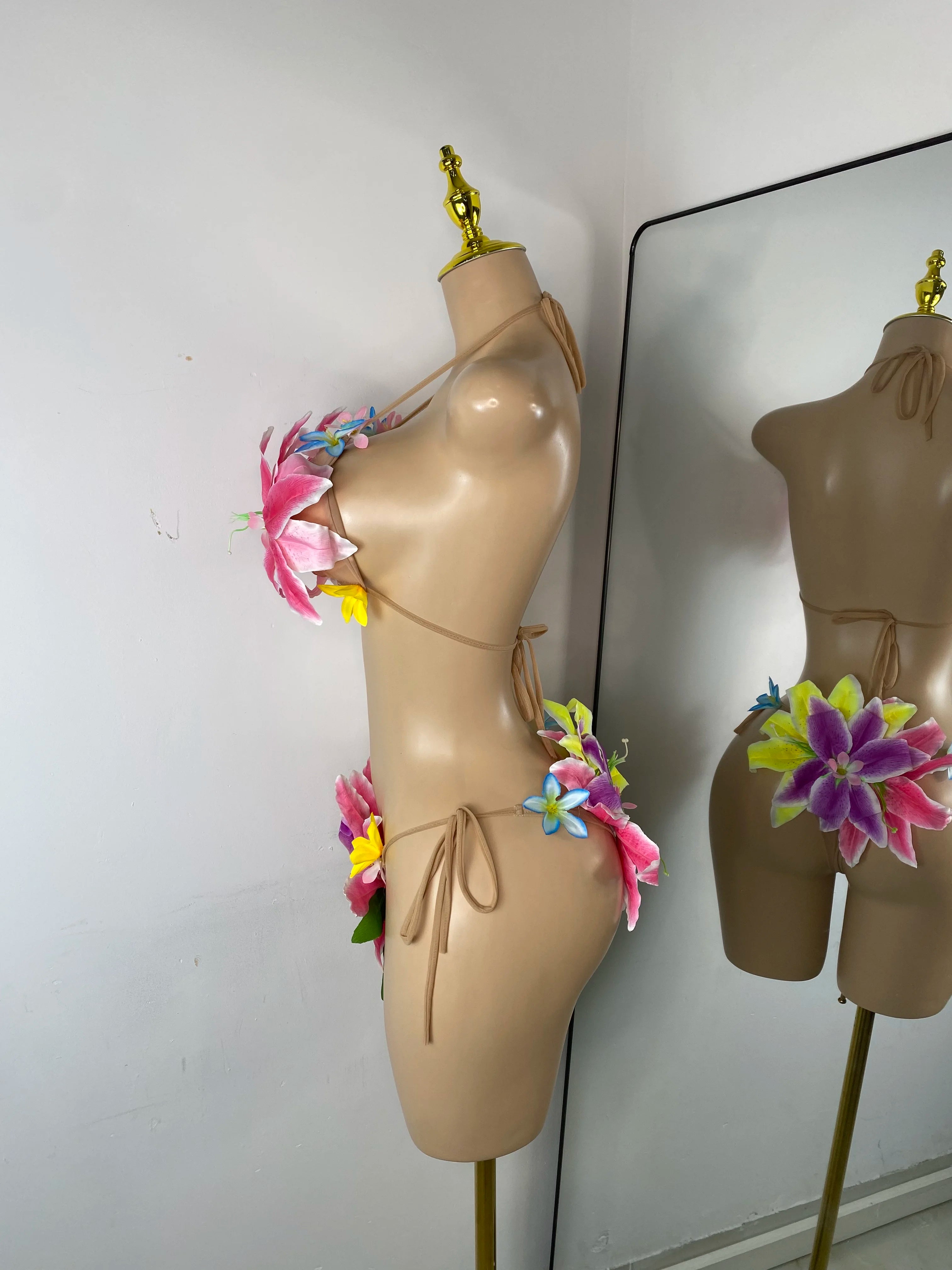 Women Sexy Tropical Handmade Flower Trendy Bikini Two Pieces Transparent Floral Swimsuit Beach Outfit Dancer Performance Costume