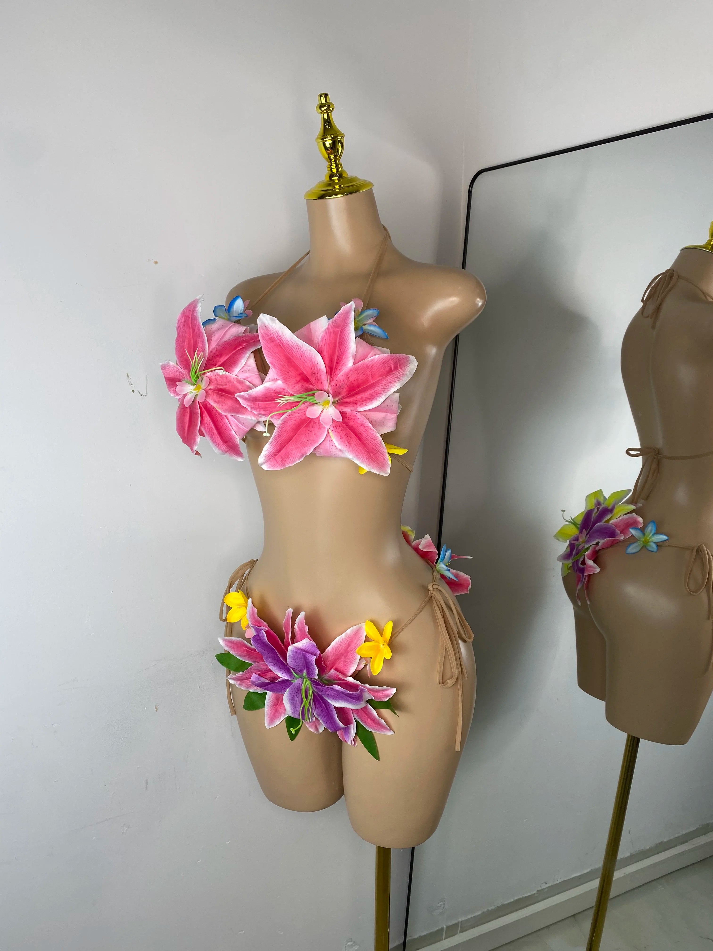 Women Sexy Tropical Handmade Flower Trendy Bikini Two Pieces Transparent Floral Swimsuit Beach Outfit Dancer Performance Costume